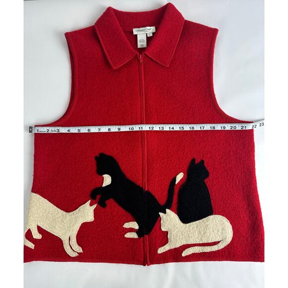 Vintage Coldwater Creek Size Large Boiled Wool Cat Lady Vest Red Kittens - Picture 3 of 6